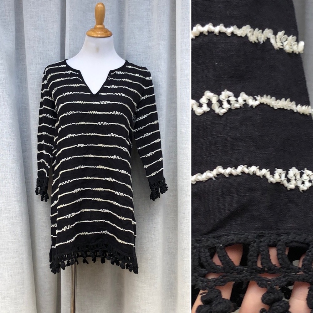 Calypso St. Barth black linen half sleeve tunic dress white sequin embroidery